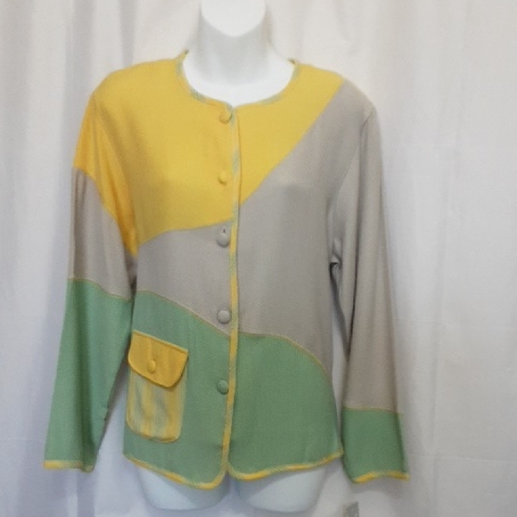 Adolfo Jackets & Blazers - Adolfo Colorblock Knit Cardigan in Sage, Yellow & Taupe